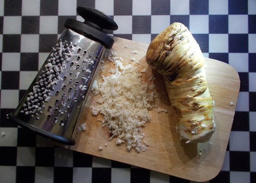 Beim Reiben die Wurzel waagrecht zur Reibfläche halten, damit der Kren nicht zerfasert
